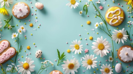Fototapeta na wymiar Spring picnic scene with Easter cookies and fresh daisies, a cheerful wallpaper