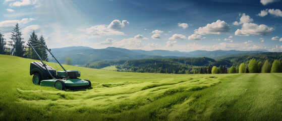 A lawn mower is being used to mow the grass panorama.