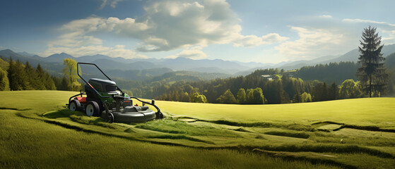 A lawn mower is being used to mow the grass panorama. - obrazy, fototapety, plakaty