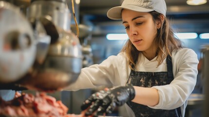 woman in a butcher shop is putting minced meat into a large meat grinder in front of her