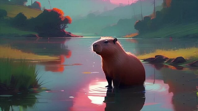 A cute capybara chilling in water at sunset, ripples on water,  reflection