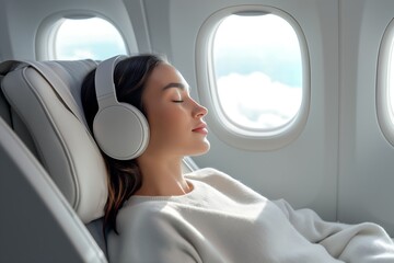 young woman wearing headphones is sleeping lying in a first class airplane seat
