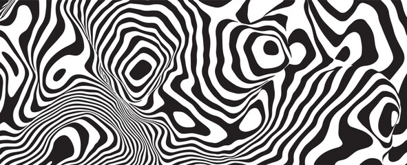 Monochrome pattern, curved lines, striped black and white background. Abstract dynamical rippled texture, 3D visual effect. Vector illustration