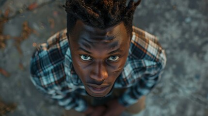 overhead shot of a young black man looking up at the camera - Powered by Adobe