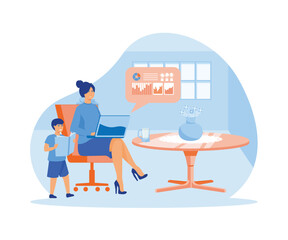 Freelancer with child working on laptop. Parent working with son. Home office. Remote worker, employee schedule, flexible schedule concept. flat vector modern illustration