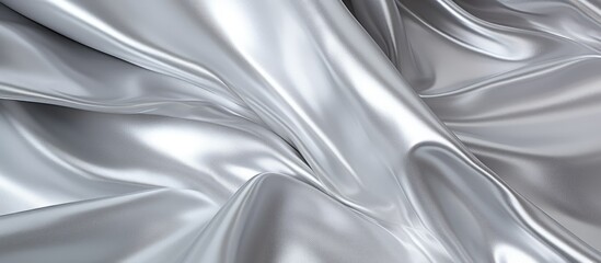 A close up of a smooth satin silver fabric resembling liquid metal, with a hint of electric blue and grey. The pattern is reminiscent of silk petals or automotive tire treads