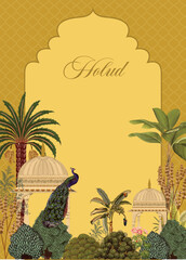 Traditional mughal wedding card design, Mughal Plant, Peacock.