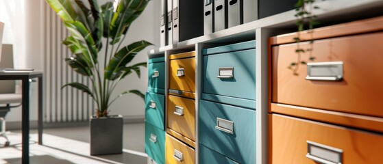 Modern office with file folder on sideboard containing archives and documents