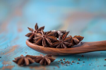 star anis in a wooden spoon on an azure studio background