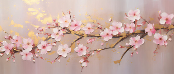 A textured painting of pink cherry blossoms with gold.