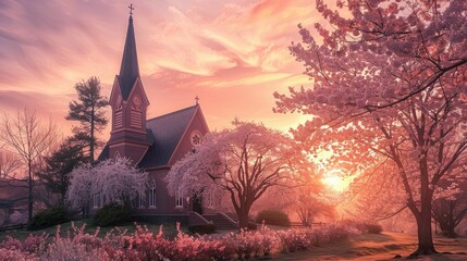 Sunrise Easter service and blooming cherry blossoms, capturing the serene joy of Easter morning
