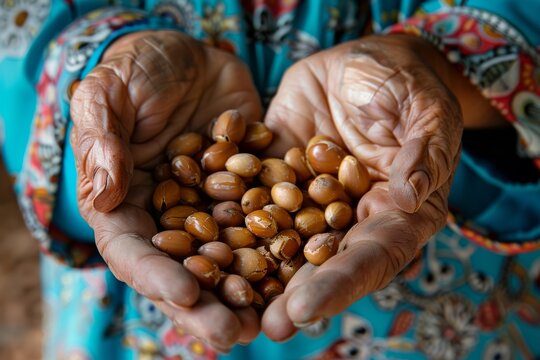 Moroccan women breaking Argan nuts in cooperative for cooking and cosmetics