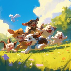 A group of cute puppies having fun in the grass.