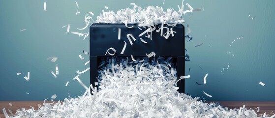 Office shredder filled with shredded paper overflow - obrazy, fototapety, plakaty