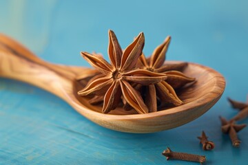 star anis in a wooden spoon on an azure studio background - obrazy, fototapety, plakaty
