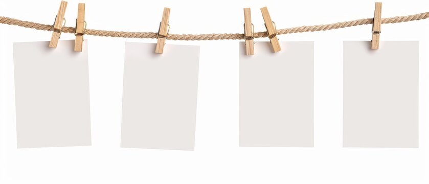 Note cards on rope with wooden clip white background