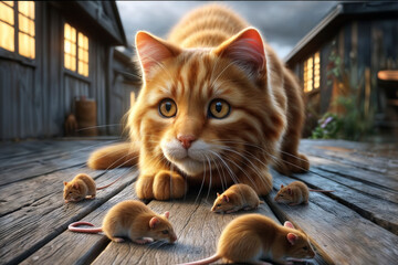 A red cat hunts mice in the countryside. Focus concept. Generated ai