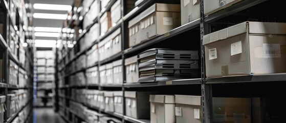 Police evidence storage with black shelves and white boxes