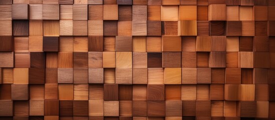 A close up of a brown hardwood wall made of rectangular wooden squares, with an amber wood stain. The building material resembles brick flooring