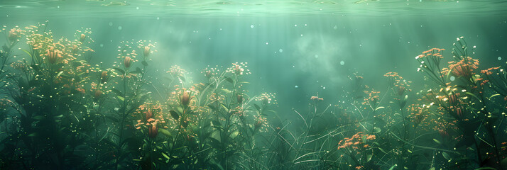 Underwater world, seaweeds and water plants waving  - obrazy, fototapety, plakaty