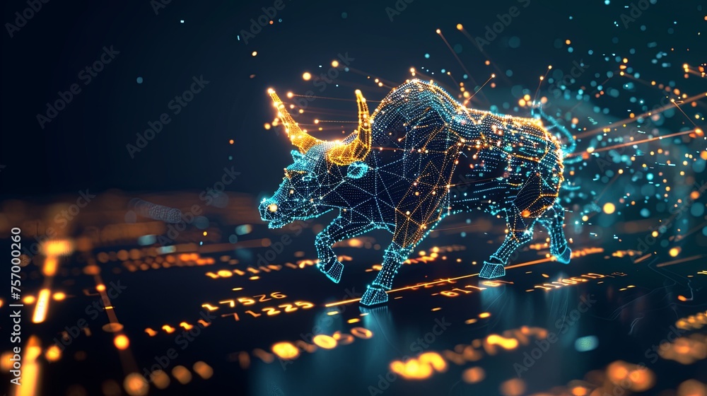 Poster Illuminated Bull Market Graph and Network Nodes A glowing network node bull strides above a dynamic market graph, embodying the energy and optimism of a bullish stock market trend.

