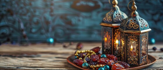 Ramadan décor with lantern rosary retro style photo Islamic holiday theme - obrazy, fototapety, plakaty