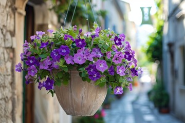 Fototapeta na wymiar Purple flowers in a hanging street pot