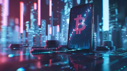 Smartphone with Bitcoin Visualization and Coins A smartphone screen displays a glowing Bitcoin symbol amidst financial charts, accompanied by stacks of coins, depicting mobile cryptocurrency trading 
