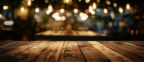 Real wood table with light reflection in dimly lit restaurant pub or bar Ideal for showcasing products in various settings