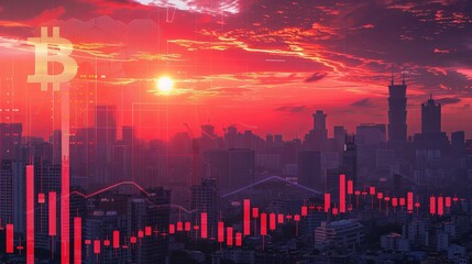 Fototapeta premium Bitcoin's Influence Over Modern Cityscape at Dusk The iconic Bitcoin logo overlays a cityscape at dusk, with financial candlestick charts in the foreground, depicting its pervasive influence in the 