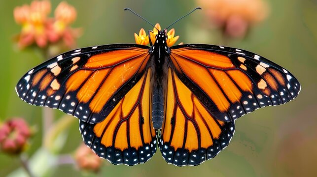 Monarch butterfly .Danaus plexippus.resting on a flowering plant in a butterfly pavilion