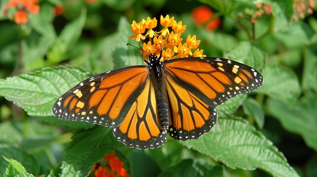 Monarch butterfly .Danaus plexippus.resting on a flowering plant in a butterfly pavilion