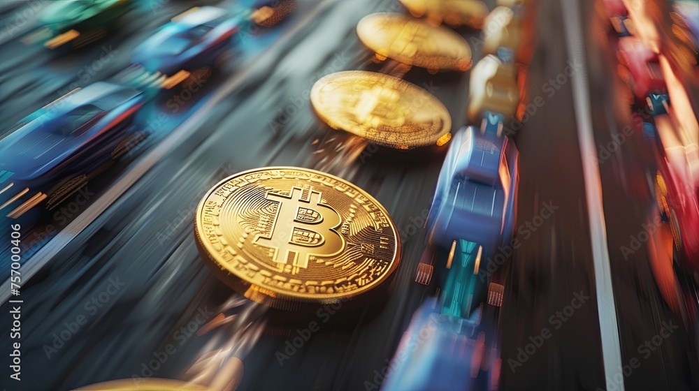 Poster bitcoin symbol in urban setting at dusk silhouettes of people observe a giant bitcoin symbol over a 