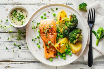 Salmon cutlets with baked potato broccoli and creamy sauce on white plate with fork and knife Top view on white wooden table Copy space