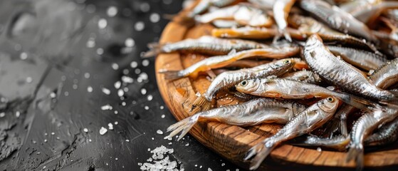 Salty anchovies on wooden board black table - obrazy, fototapety, plakaty