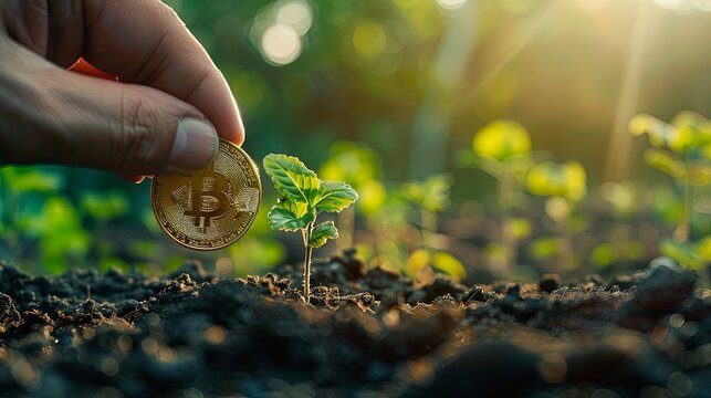 Bitcoin Coin Investment Concept with Seedling Growth
 A hand holding a Bitcoin coin above a young plant sprouting from rich soil, depicting the idea of cryptocurrency investment growth.
