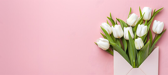 White tulips coming out of a letter with copy space on the left. Mother's Day, birthday, wedding,...