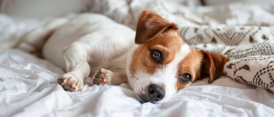 Small adorable Jack Russell terrier resting on the bed with paws up in a cozy bedroom