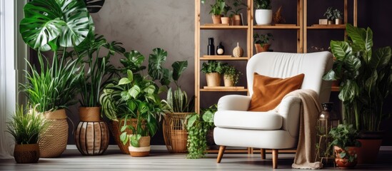 Fototapeta na wymiar An interior design feature of a house with a variety of houseplants in flowerpots scattered around a chair, creating a cozy and inviting atmosphere