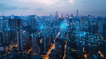 An aerial view of a city fully integrated with 5G technology