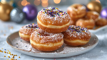 Obraz na płótnie Canvas Krapfen Kreppel Donuts, Traditional Food for Mardi Gras, Delicious German Carnival Treats with Powdered Sugar, Sweet Bakery Dessert on White Background, Generative AI