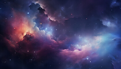 Colorful galaxy with nebula, shiny stars, and heavy clouds. Nebula galaxy night sky background banner or wallpaper

