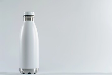 Steel reusable water bottle in white isolated on white background with copy space Zero waste Say no to plastic bottles Environmental theme - obrazy, fototapety, plakaty