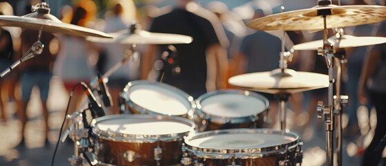 Street music festival with sunny day drum kit and hi hat cymbals captured in a selective focus close up shot - obrazy, fototapety, plakaty