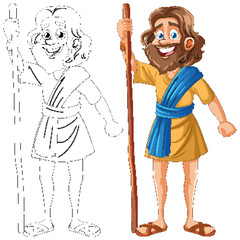 Obraz premium Colorful and line art of a happy cartoon shepherd