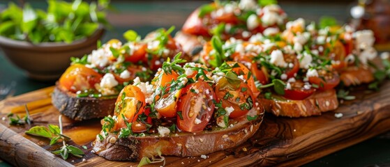 Tasty bruschetta with roasted tomatoes feta cheese and herbs on wooden board
