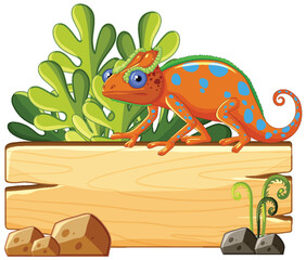 Vibrant chameleon illustration with tropical foliage.