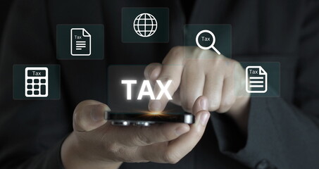 E-tax, Businessman show TAX for Individual income tax return form online for tax payment concept. Government, state taxes. Data analysis, paperwork, financial research, report. Calculation tax return.