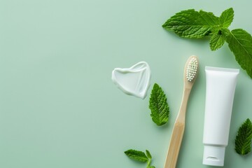 Toothbrush toothpaste tube mint leaves on light green background Heart shape with toothpaste...