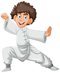Cartoon boy in karate pose wearing white gi